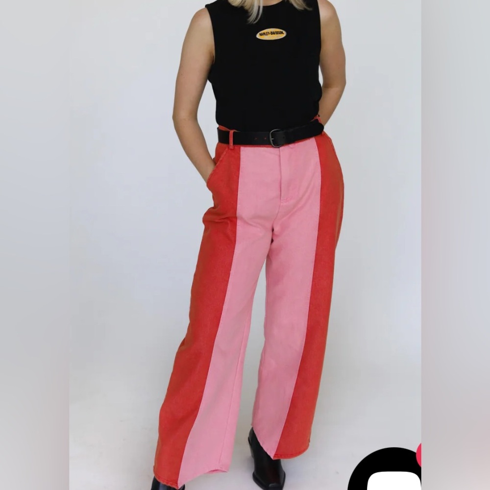 Colorblock Pink and Red Women Jeans